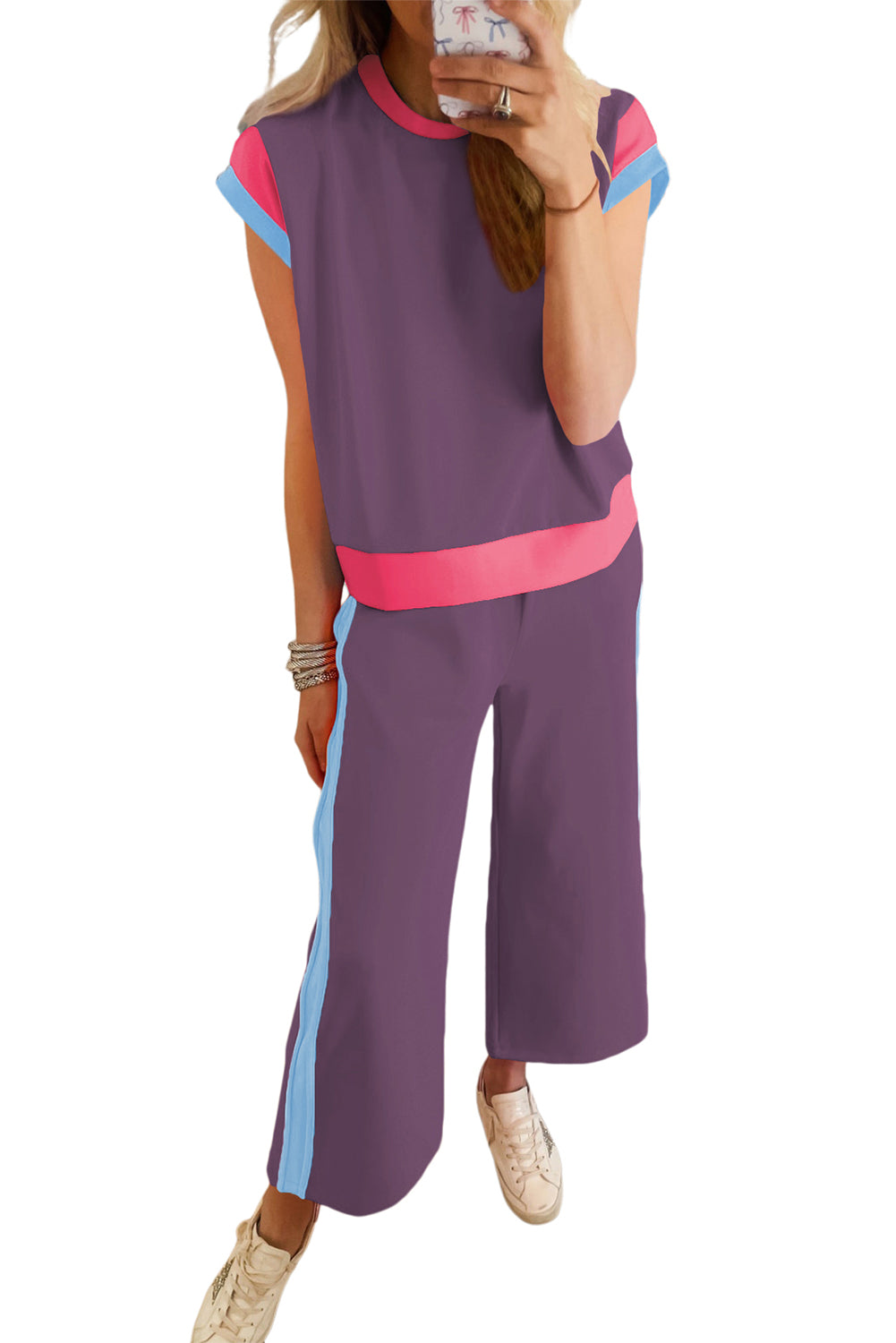 Black Color Block Detail Casual Two-piece Outfit