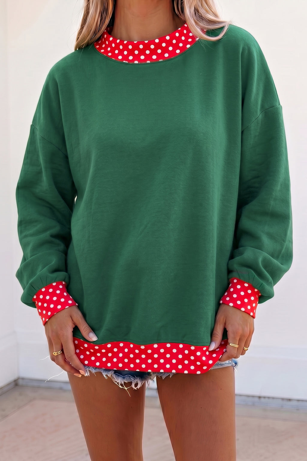 Pink Colorblock Polka Dot Contrast Trim Oversized Sweatshirt