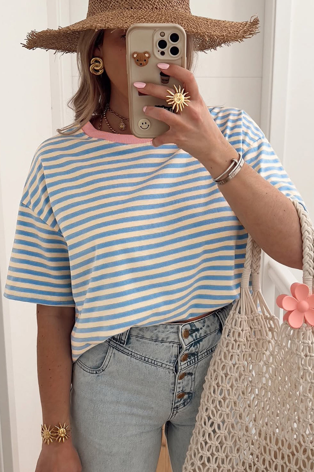 Orange Stripe Contrast Crew Neck Drop Shoulder Loose Tee