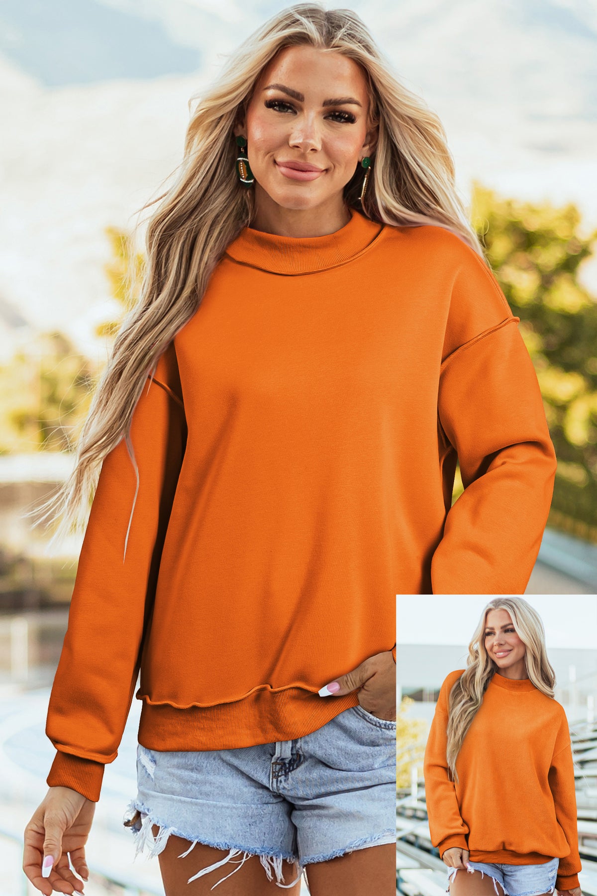 Bright Pink Oversize Drop Shoulder Reversible Mock Neck Sweatshirt