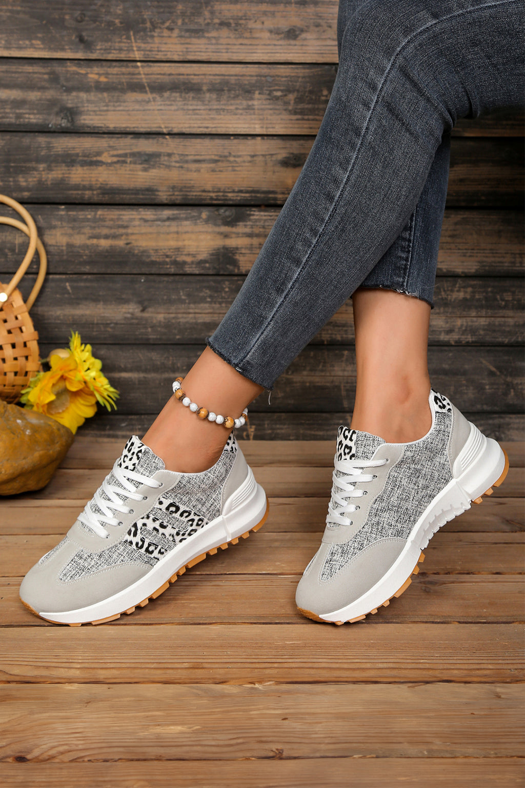 White Mix Texture Patchwork Leopard Detail Lace Up Sneakers