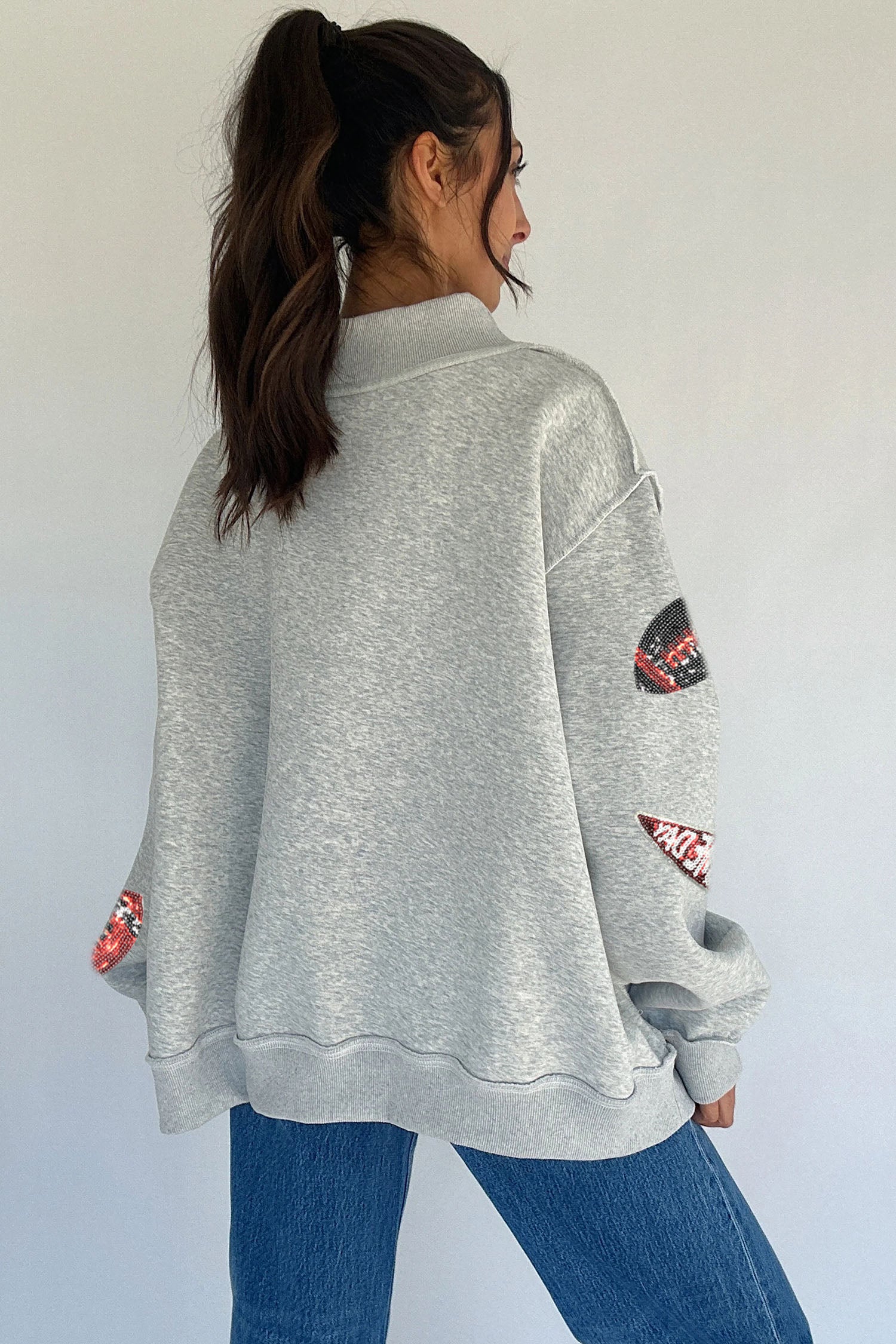 Light Grey Sequin Rugby Game Day High Neck Baggy Sweatshirt