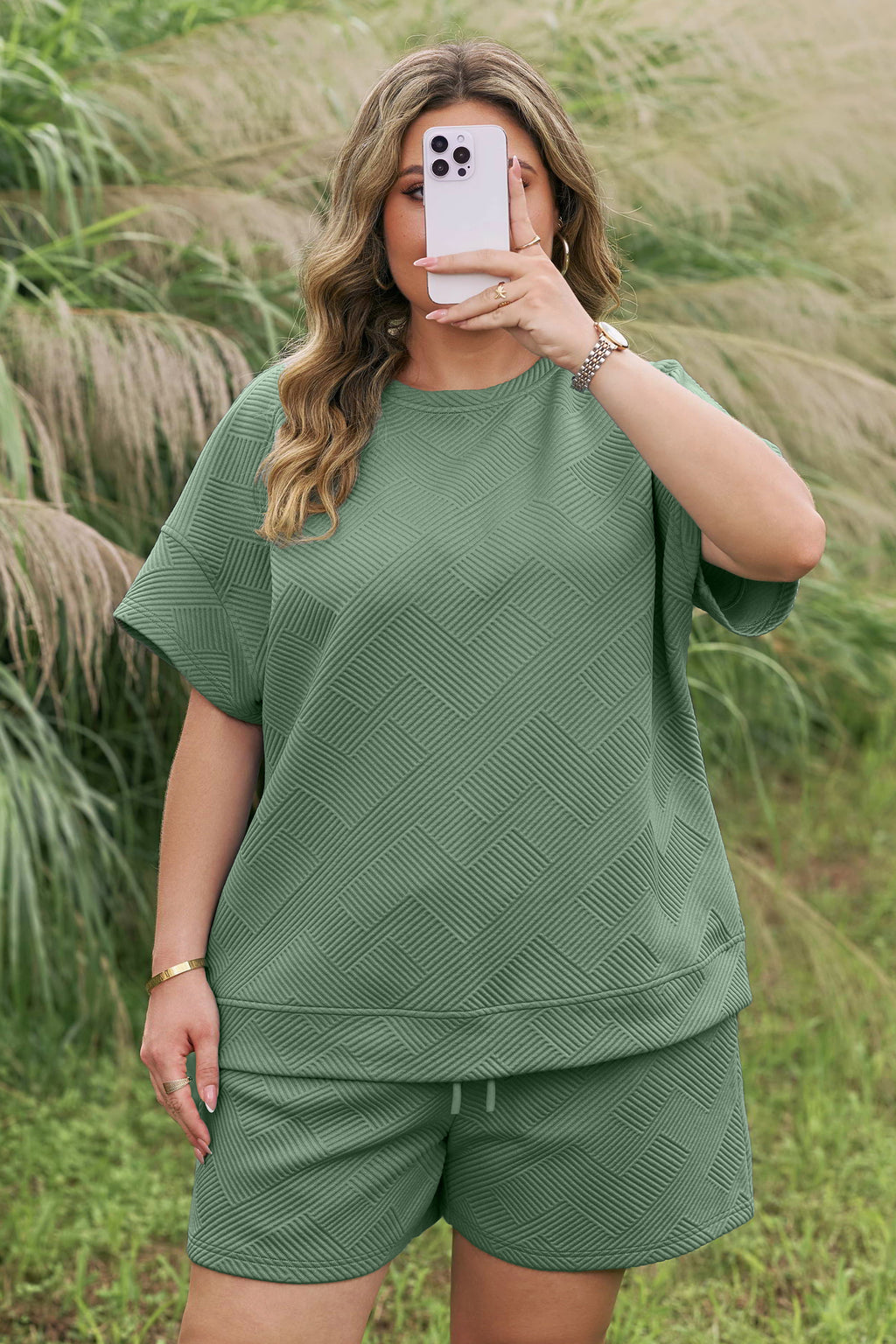Mineral Blue Plus Size Textured Short Sleeve Top Drawstring Shorts Set