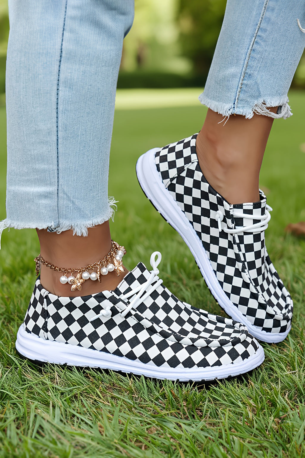 Color black Checkered Print Lace-up Detail Flat Shoes