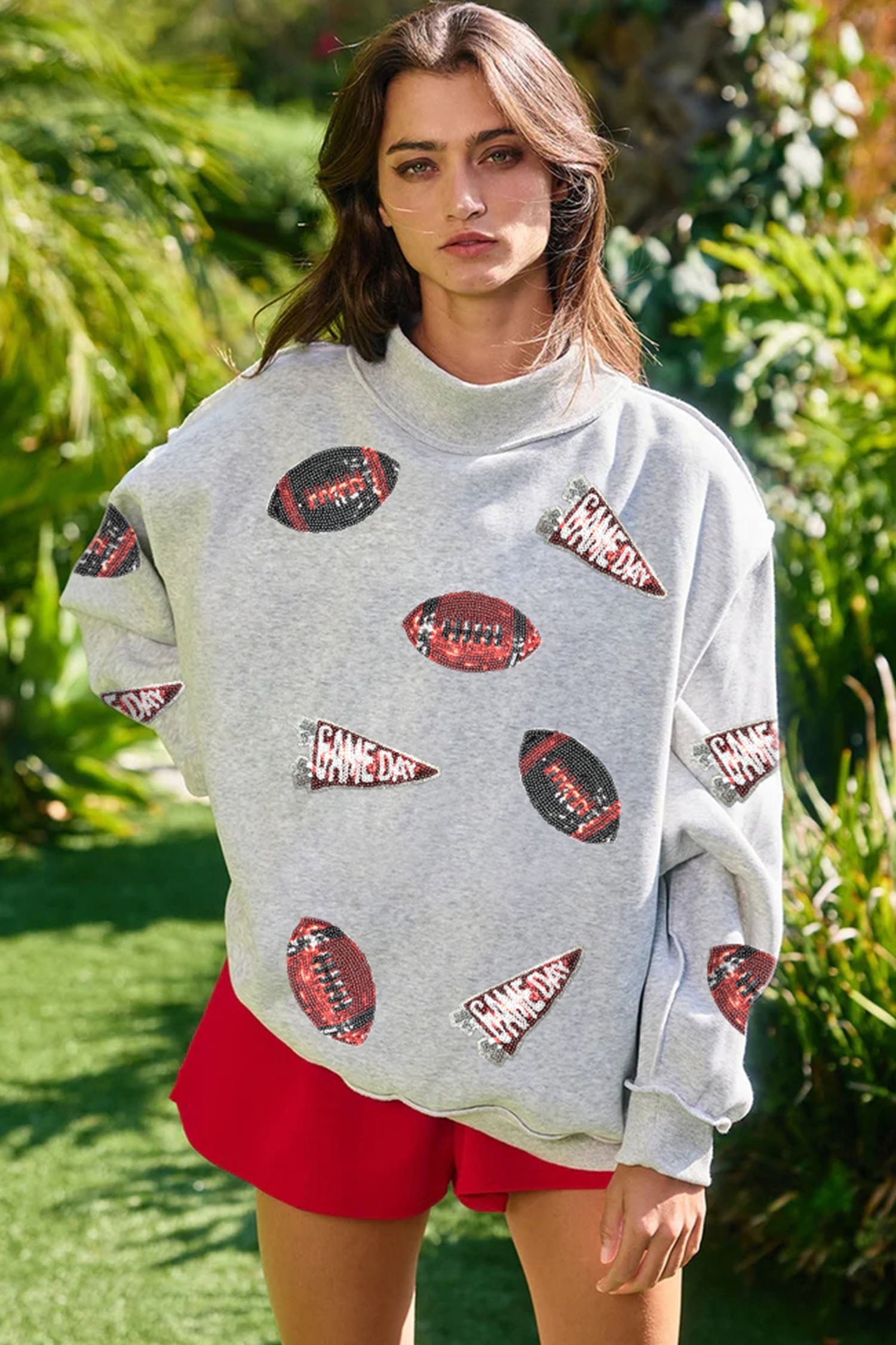 Light Grey Sequin Rugby Game Day High Neck Baggy Sweatshirt