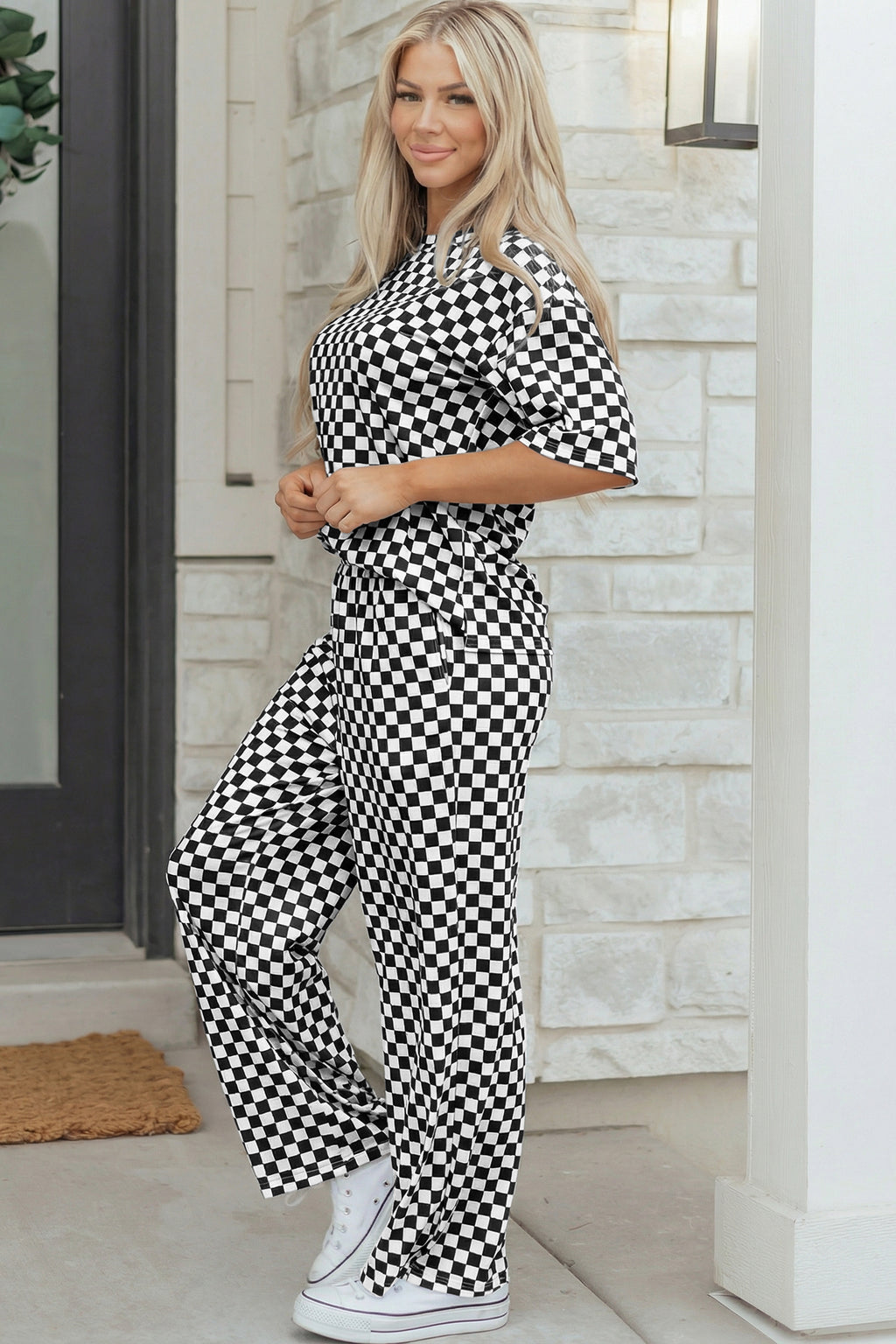Rose Checkered Print Half Sleeve Tee 2pcs Lounge Pant Set