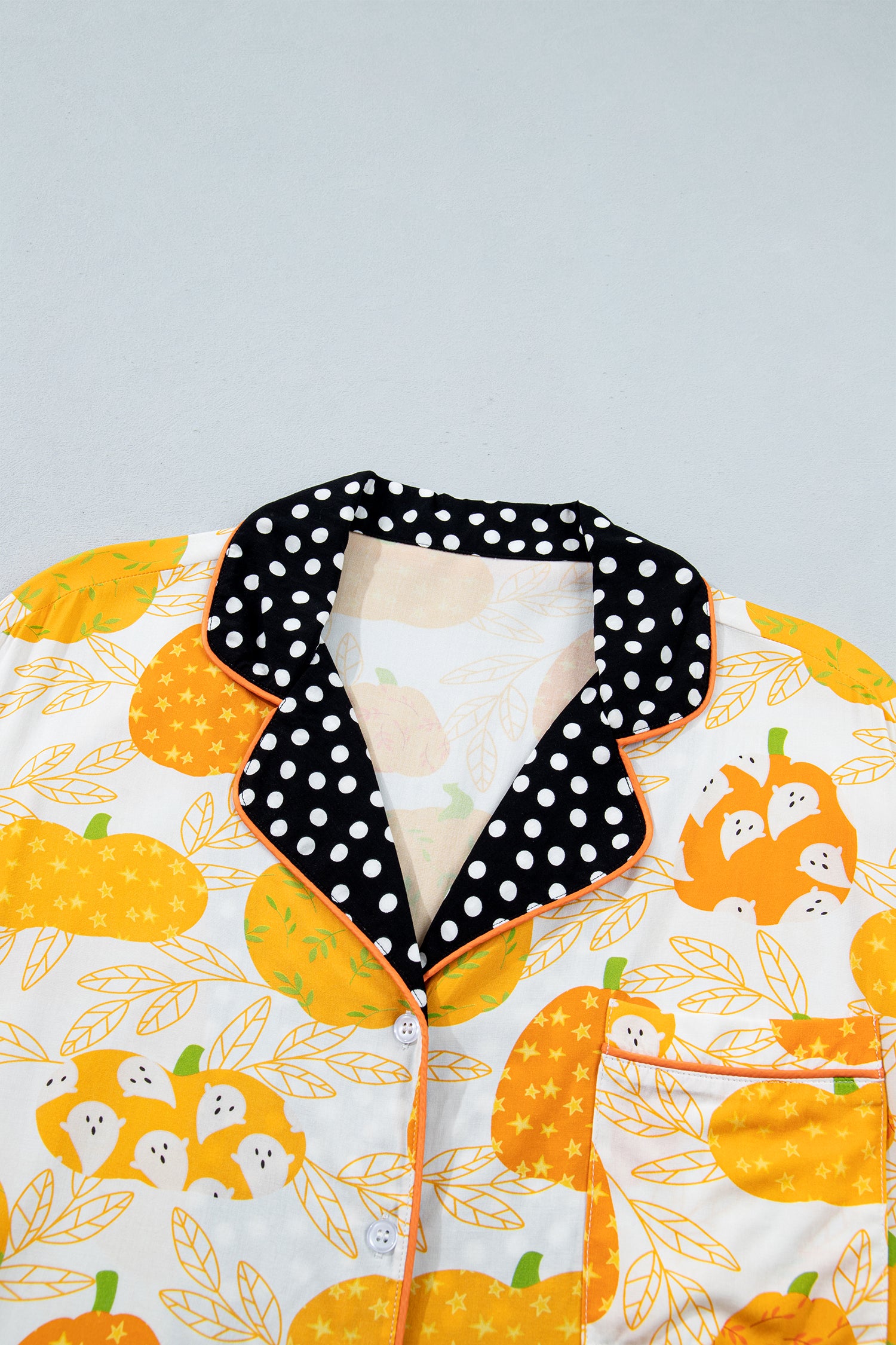 Orange Short Sleeve Pumpkin Print Polka Dot Trim Pocket Pocket Placket Home Wear Lounge Set
