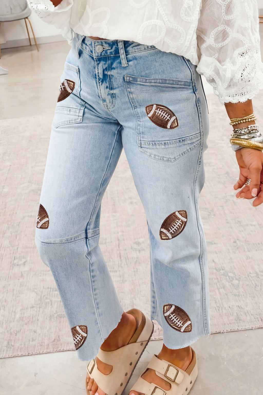 Beau Blue Sequin Detail Patched Rugby Pattern Raw Hem Shift Jeans