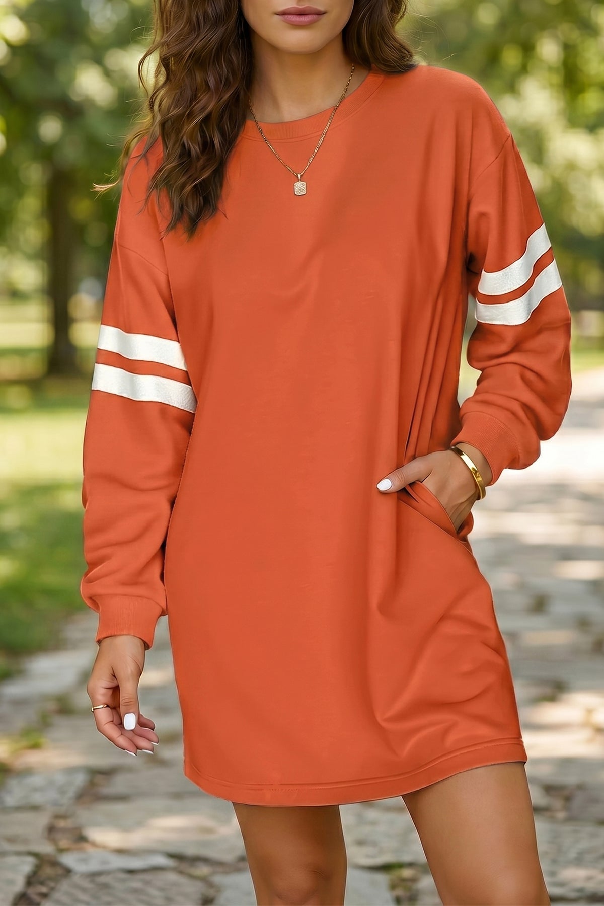 Fiery Red Varsity Contrast Banded Sleeve Shift Sweatshirt Dress