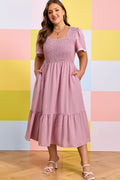 Pink Plus Size Swiss Dot Short Sleeve Smocked High Waist Flowy Midi Dress