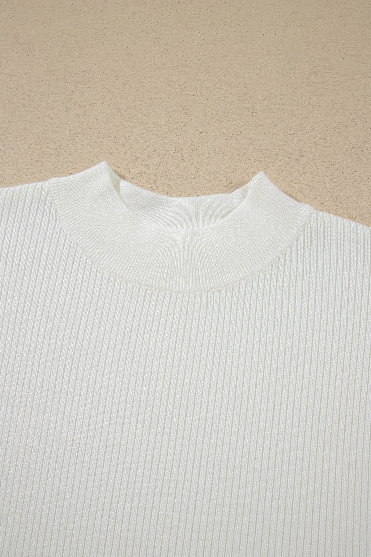 Bright Pink Solid Color Ribbed Knit Mock Neck Loose Short Sleeve Sweater