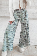 Green Camo Wide Leg Tie Elastic Waist Casual Pants