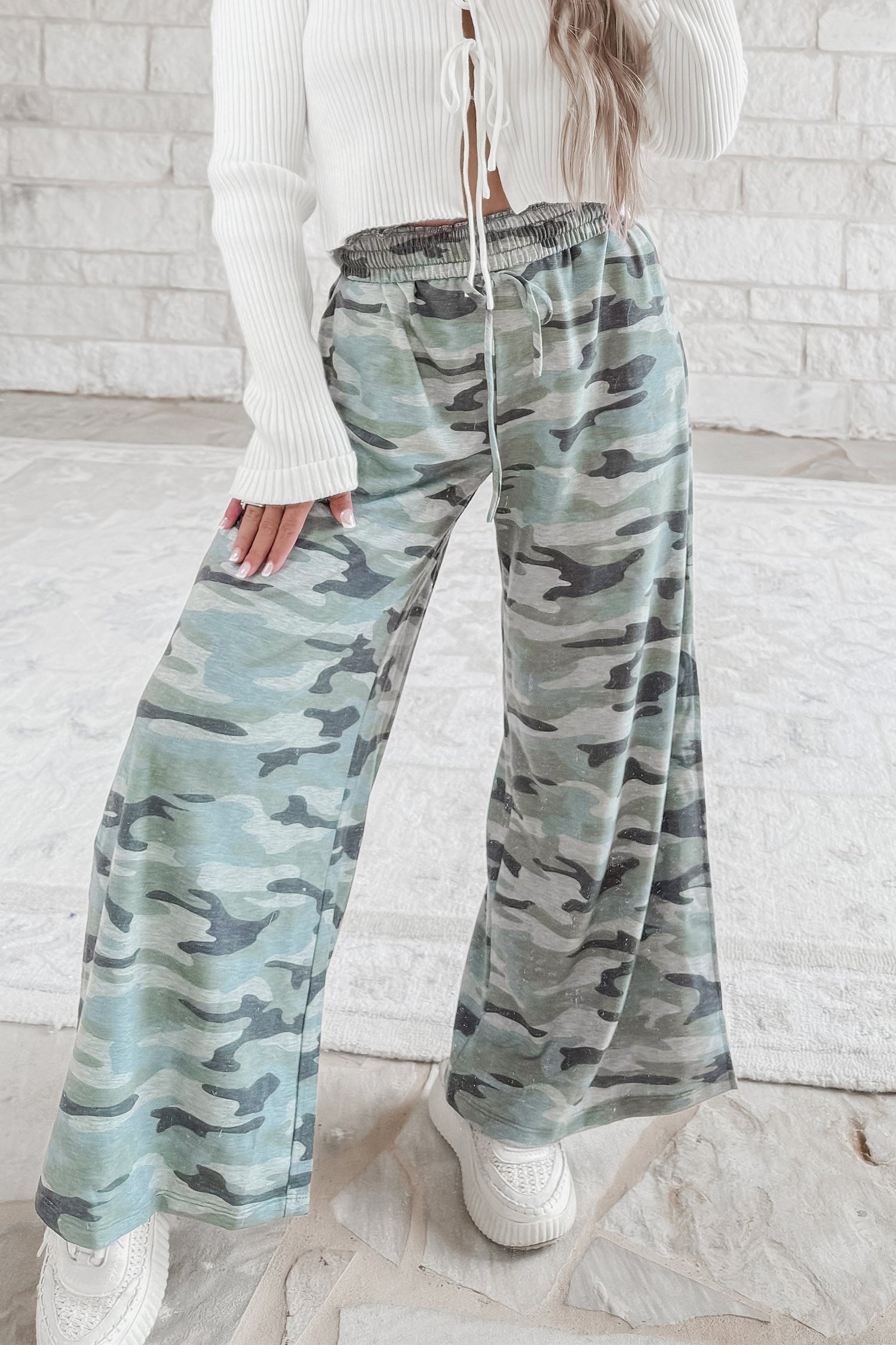 Green Camo Wide Leg Tie Elastic Waist Casual Pants