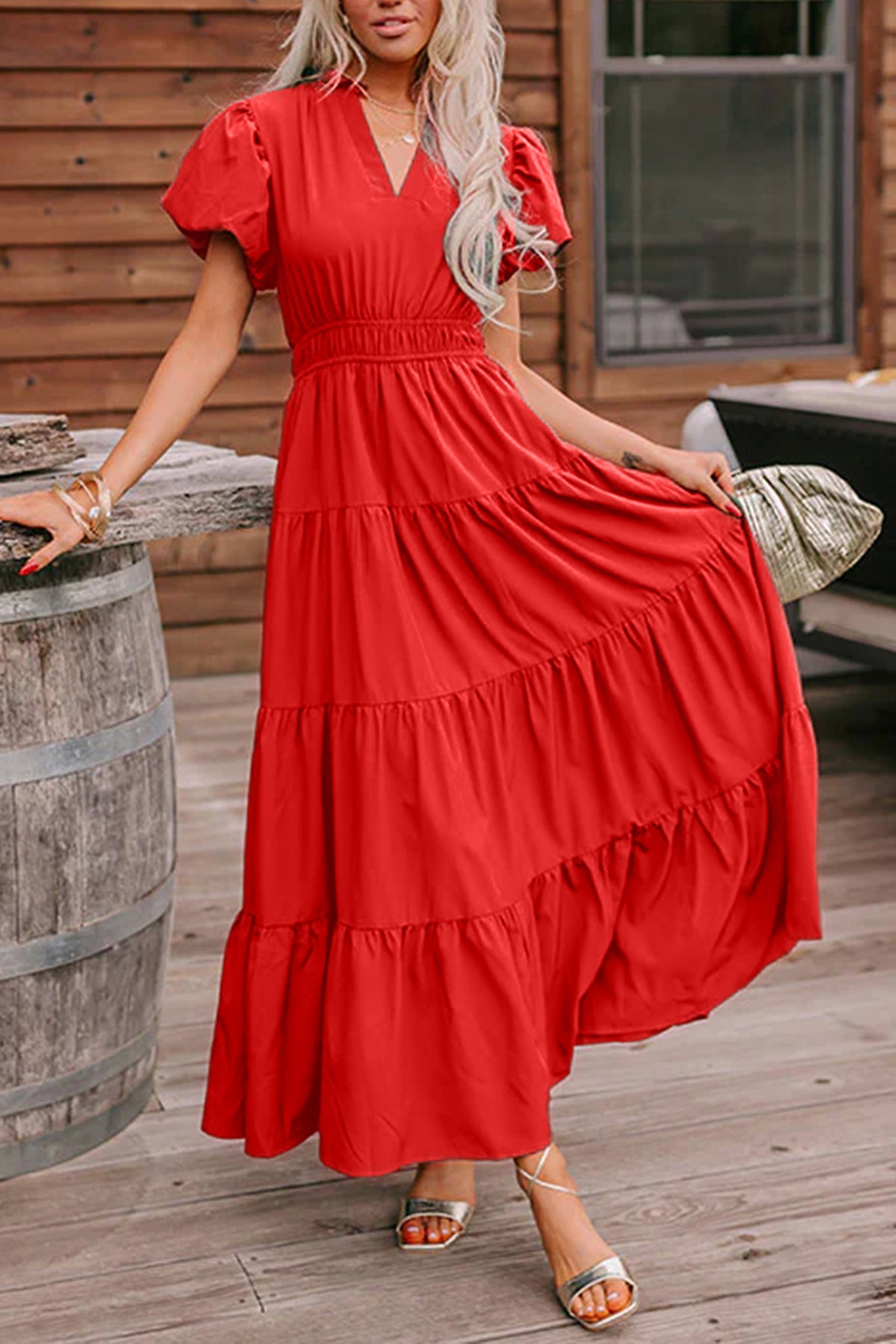 Clearly Aqua Solid Color V Neck Short Puff Sleeve High Waist Tiered Maxi Dress