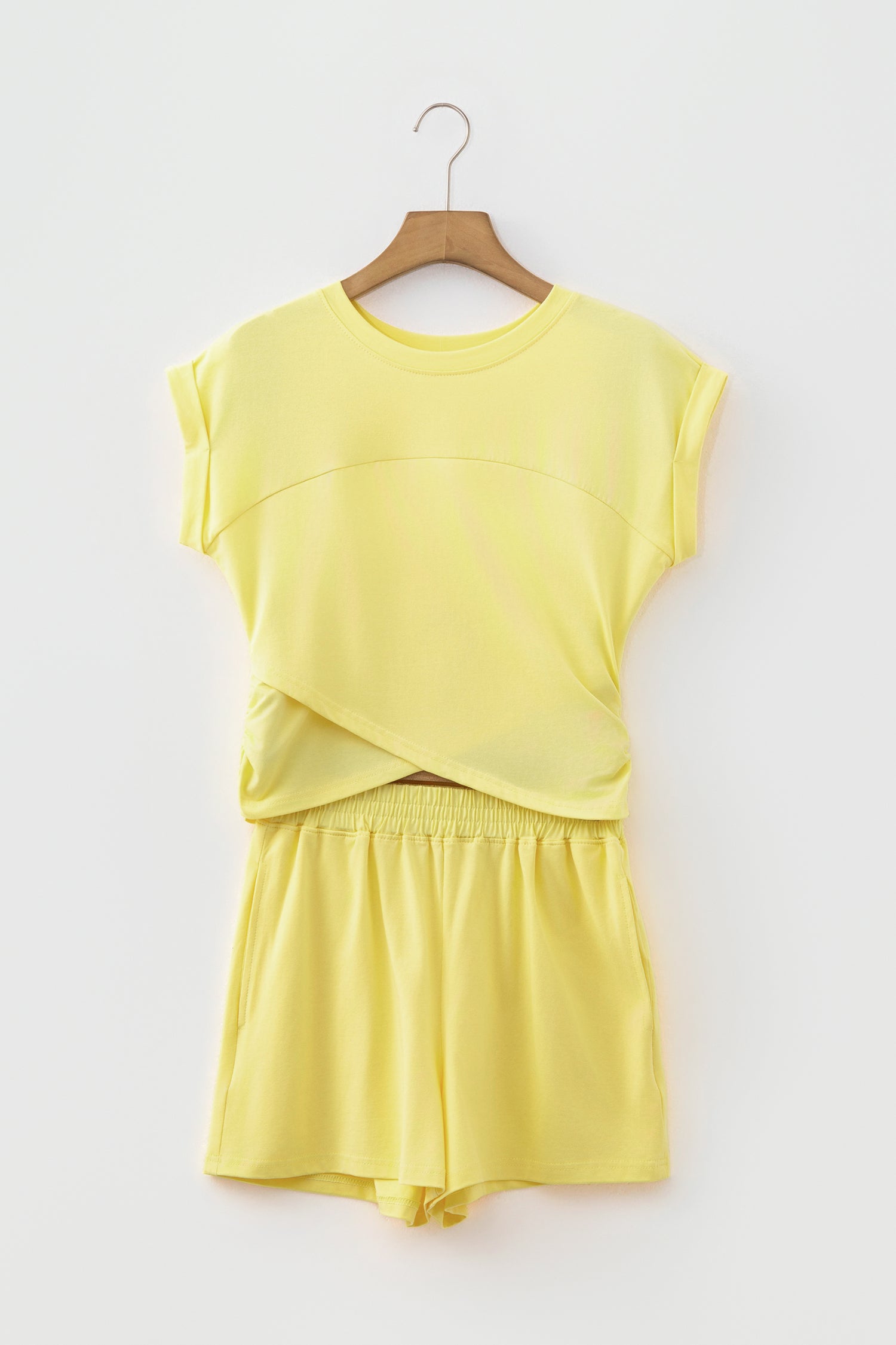 Mint Green Solid Short Sleeve Elastic Waist Pocket Casual Two Piece Short Set