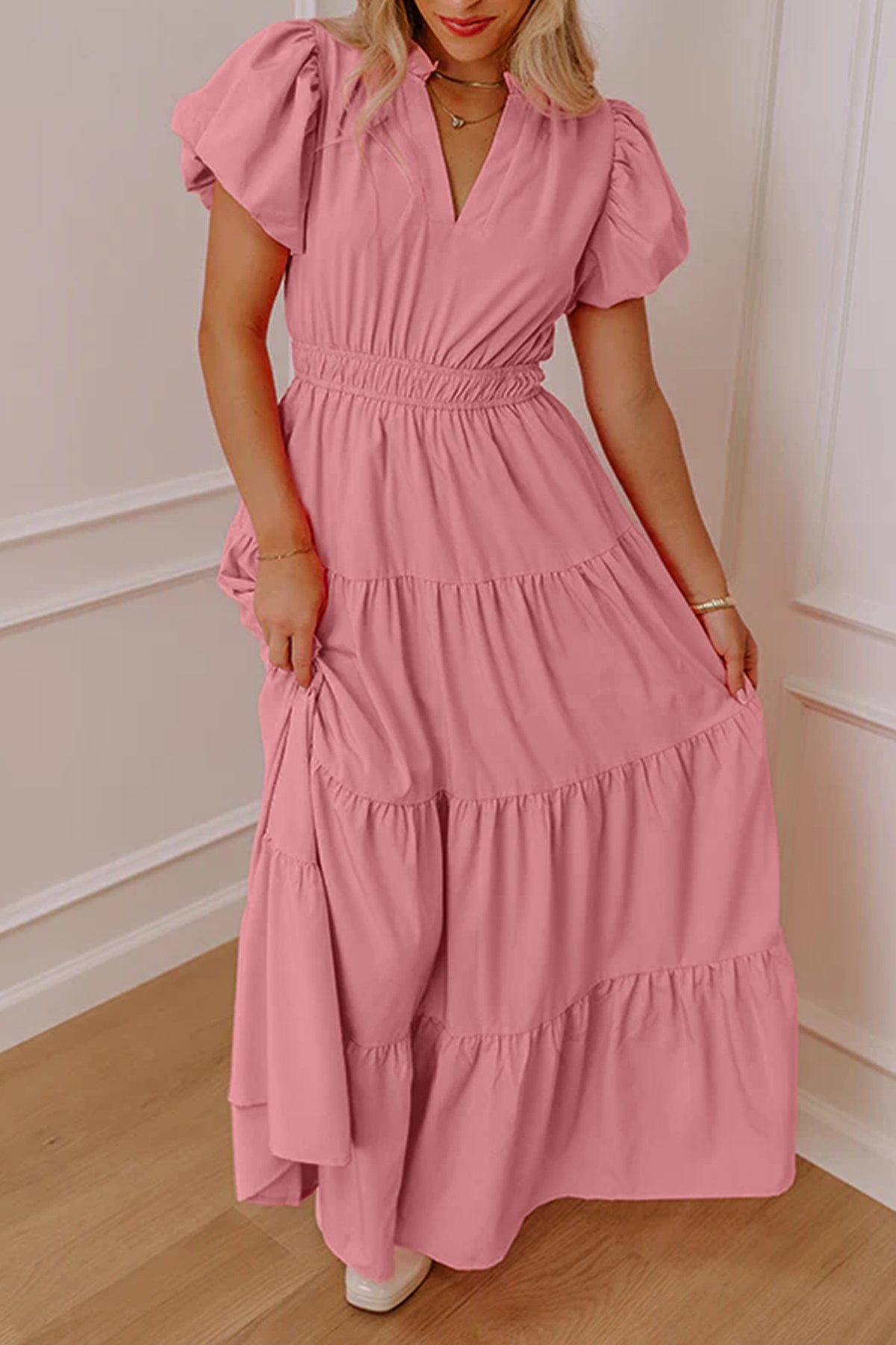 Clearly Aqua Solid Color V Neck Short Puff Sleeve High Waist Tiered Maxi Dress