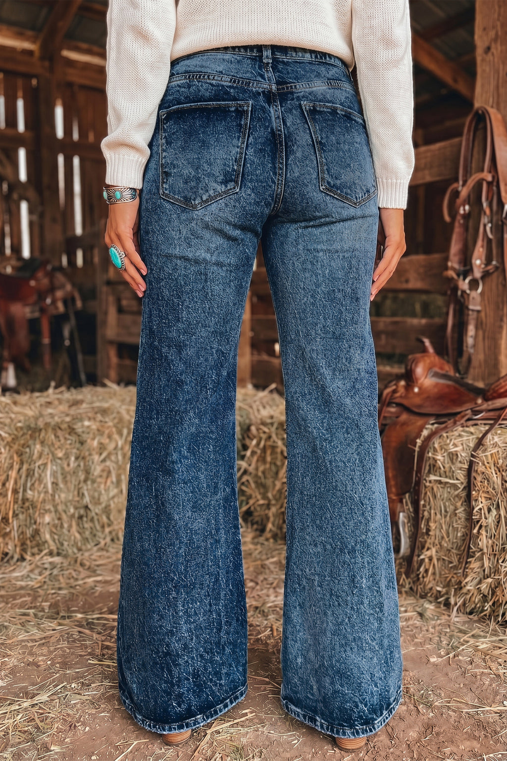 Beau Blue Acid Wash Pocket Detail Flare Jeans