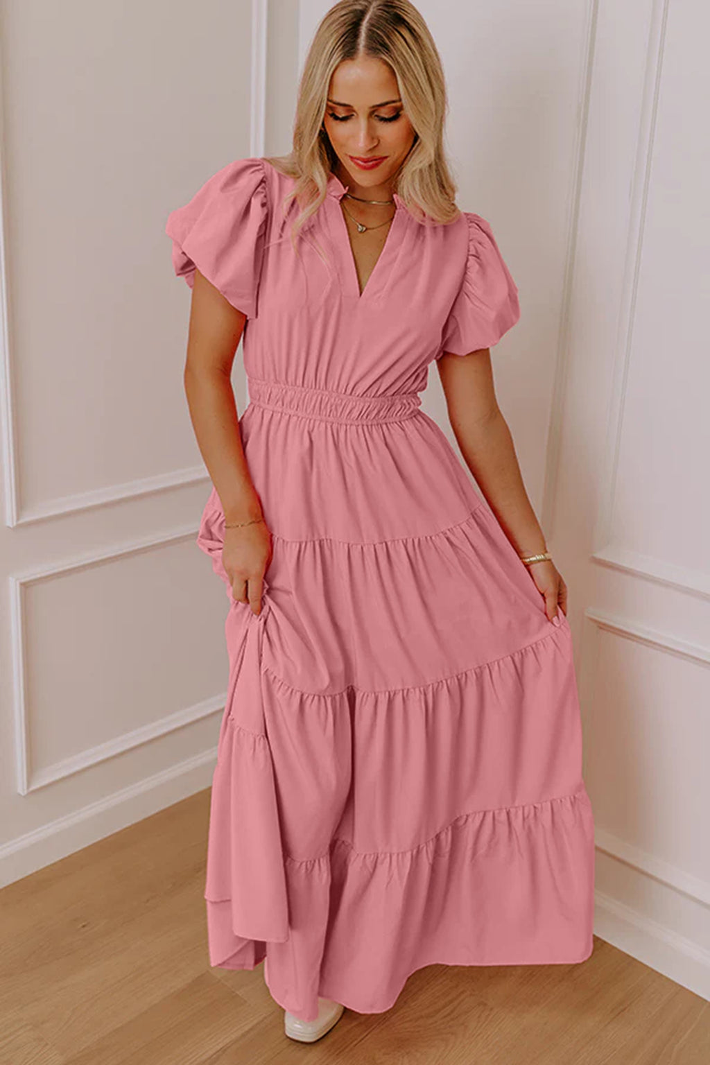 Clearly Aqua Solid Color V Neck Short Puff Sleeve High Waist Tiered Maxi Dress