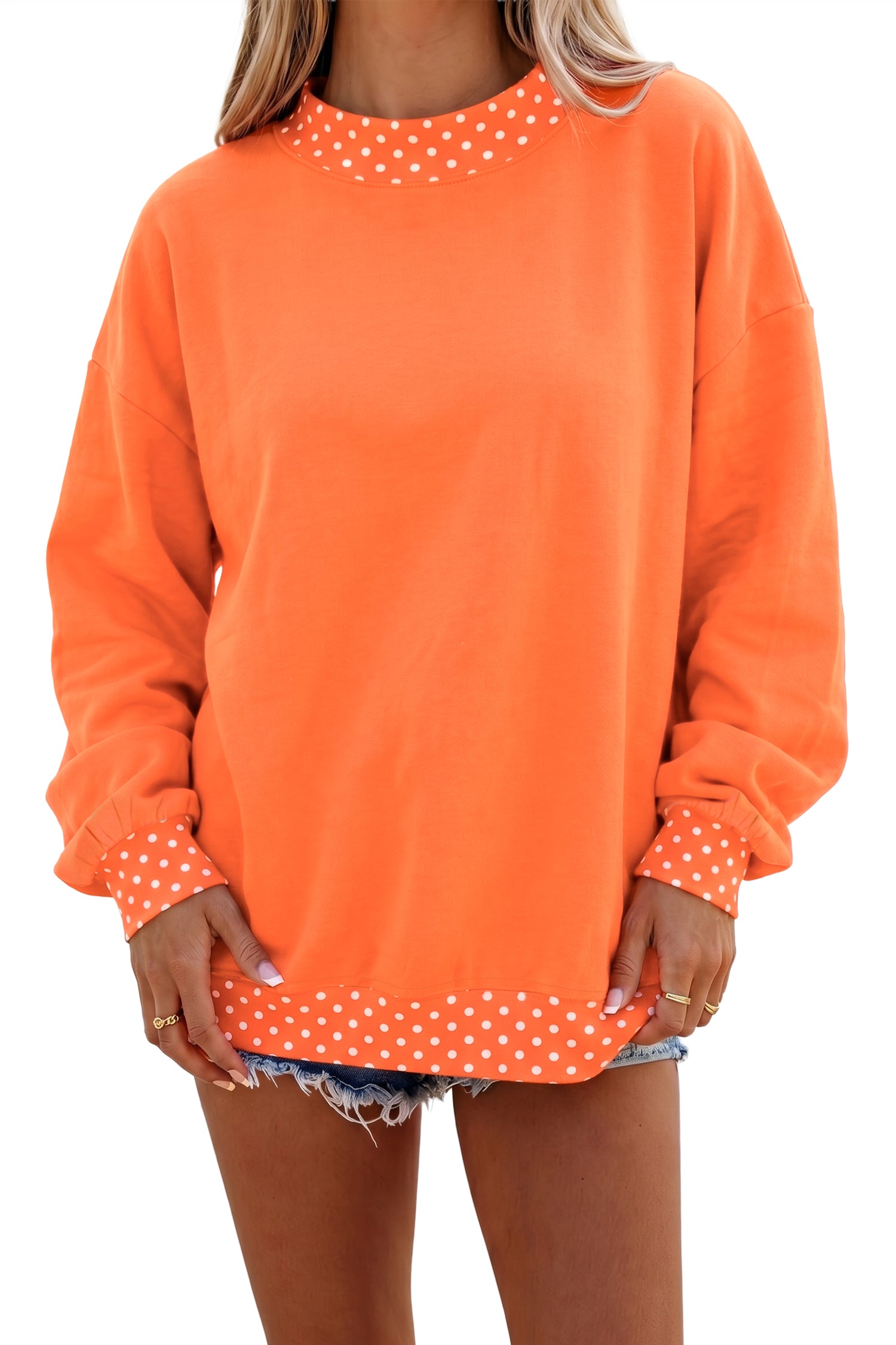 Pink Colorblock Polka Dot Contrast Trim Oversized Sweatshirt
