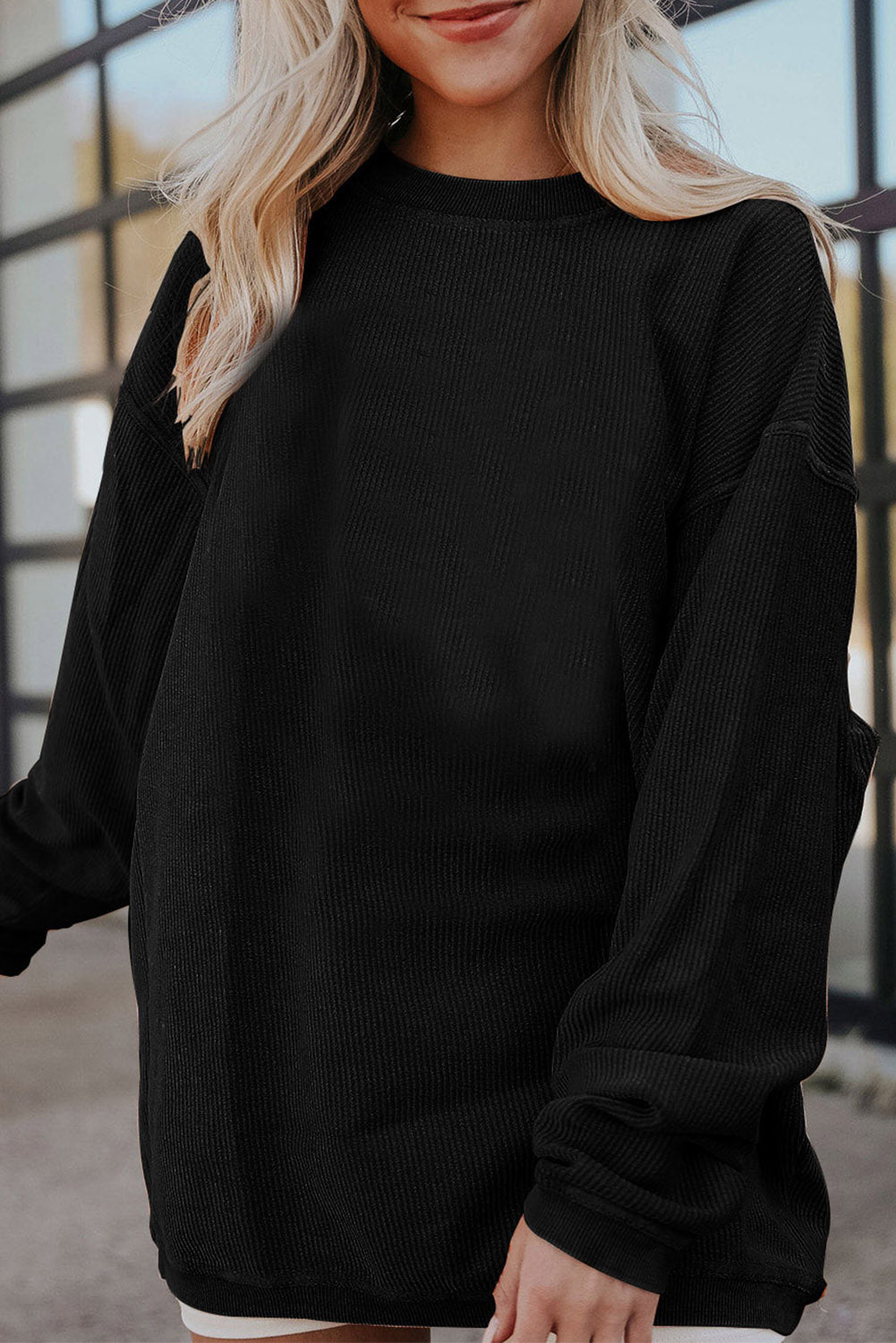 Smoke Gray Ribbed Corduroy Oversized Sweatshirt