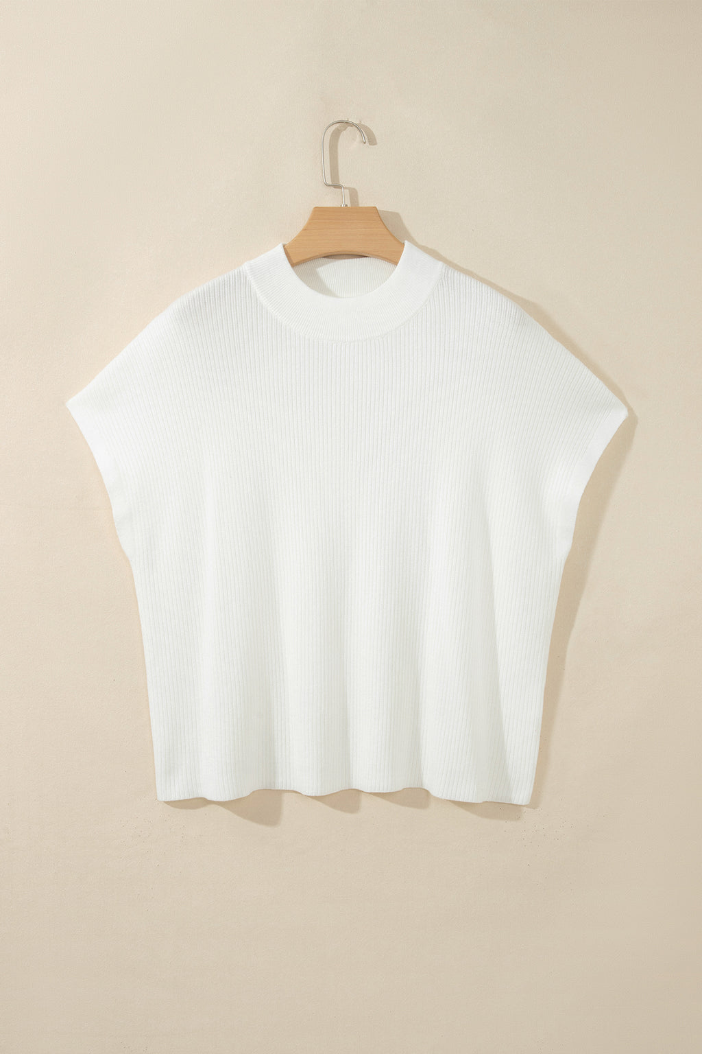 Bright Pink Solid Color Ribbed Knit Mock Neck Loose Short Sleeve Sweater