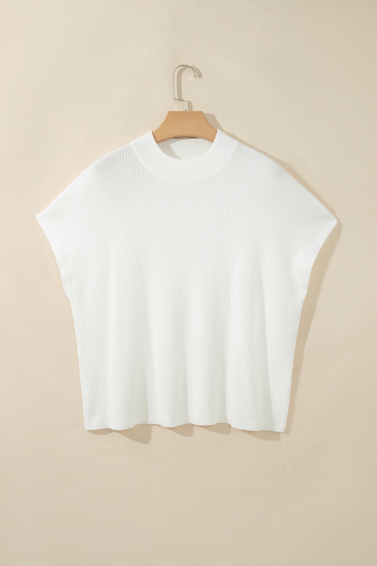Bright Pink Solid Color Ribbed Knit Mock Neck Loose Short Sleeve Sweater