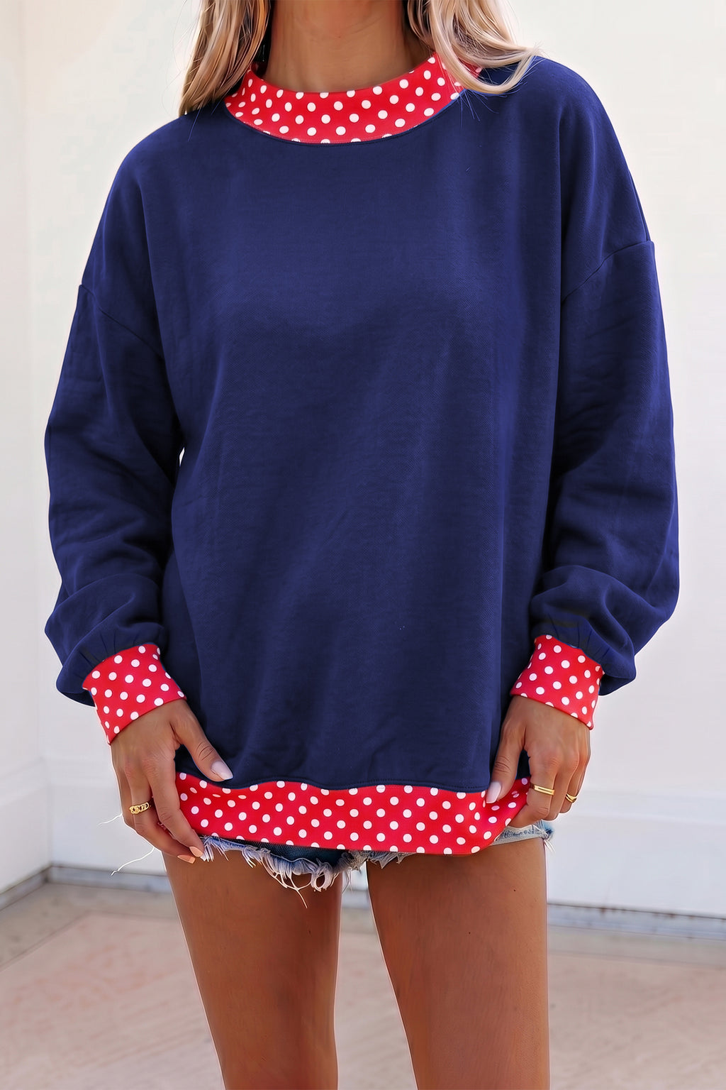 Pink Colorblock Polka Dot Contrast Trim Oversized Sweatshirt