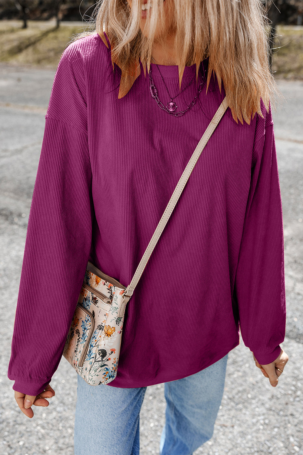 Smoke Gray Ribbed Corduroy Oversized Sweatshirt