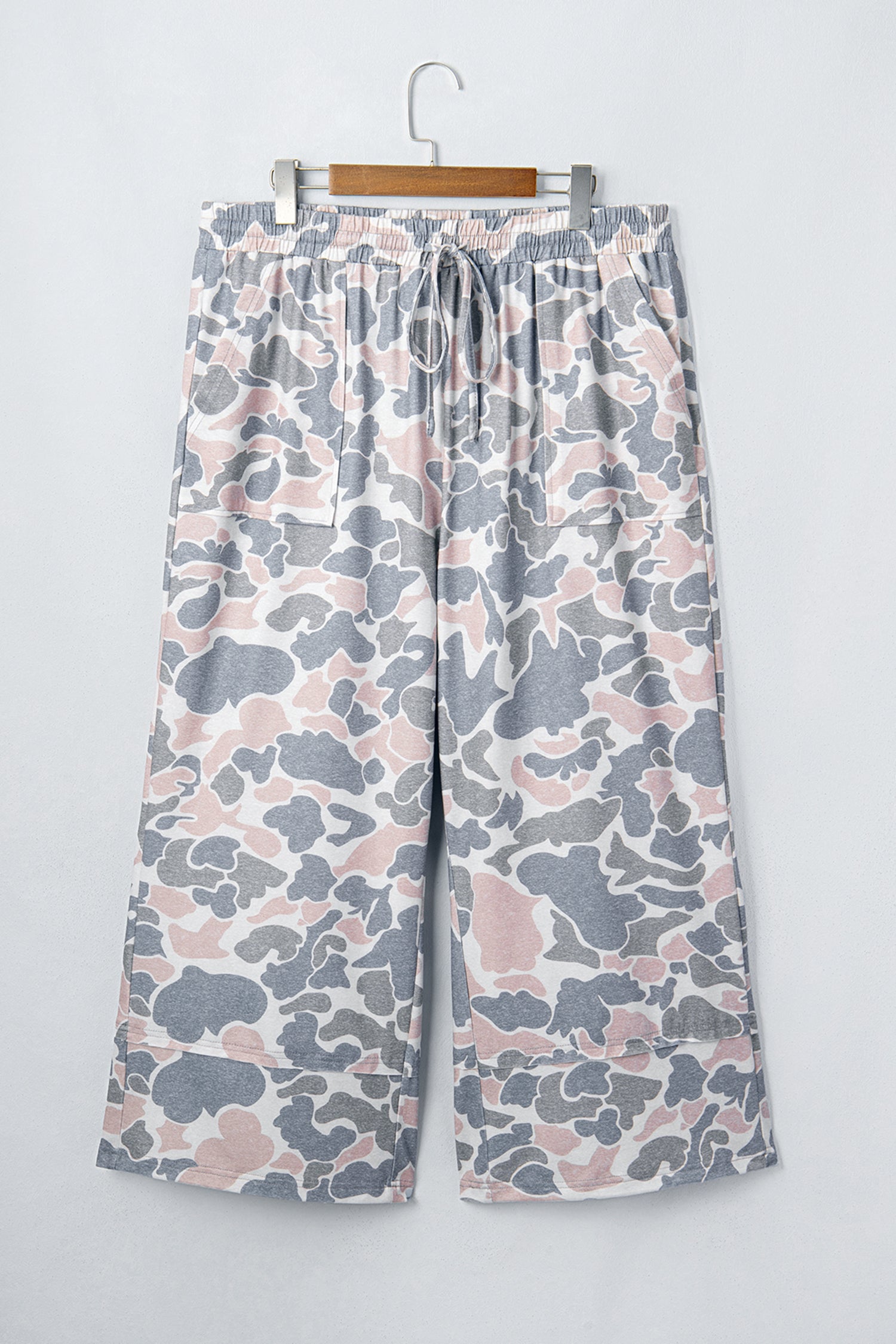 Khaki Camouflage Print Patch Pockets Ankle-Length Plus Size Pants
