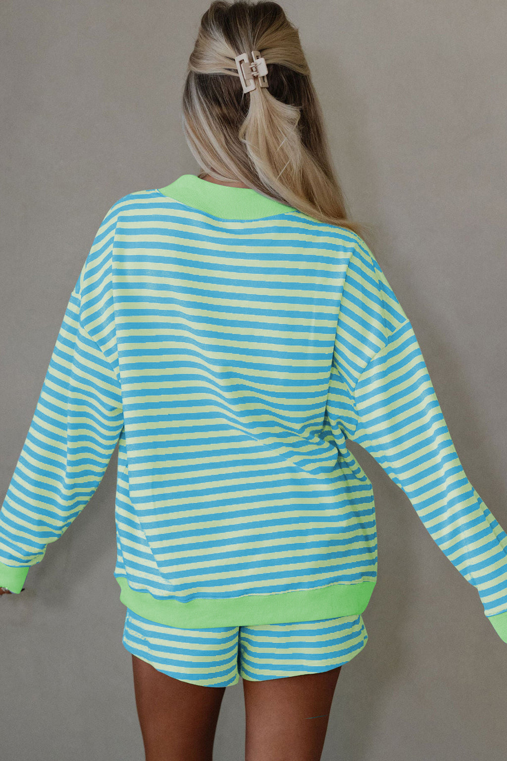 Yellow Stripe Color Block Detail Long Sleeve Pullover Elastic Waist Pull On Shorts 2pcs Set