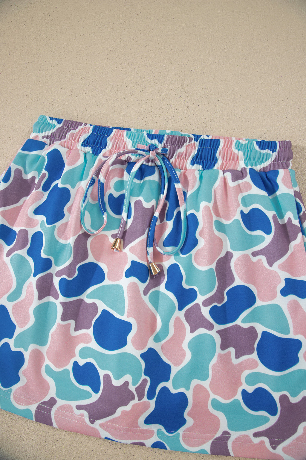 Sky Blue Abstract Camo Elastic Waist Drawstring Mini Skort