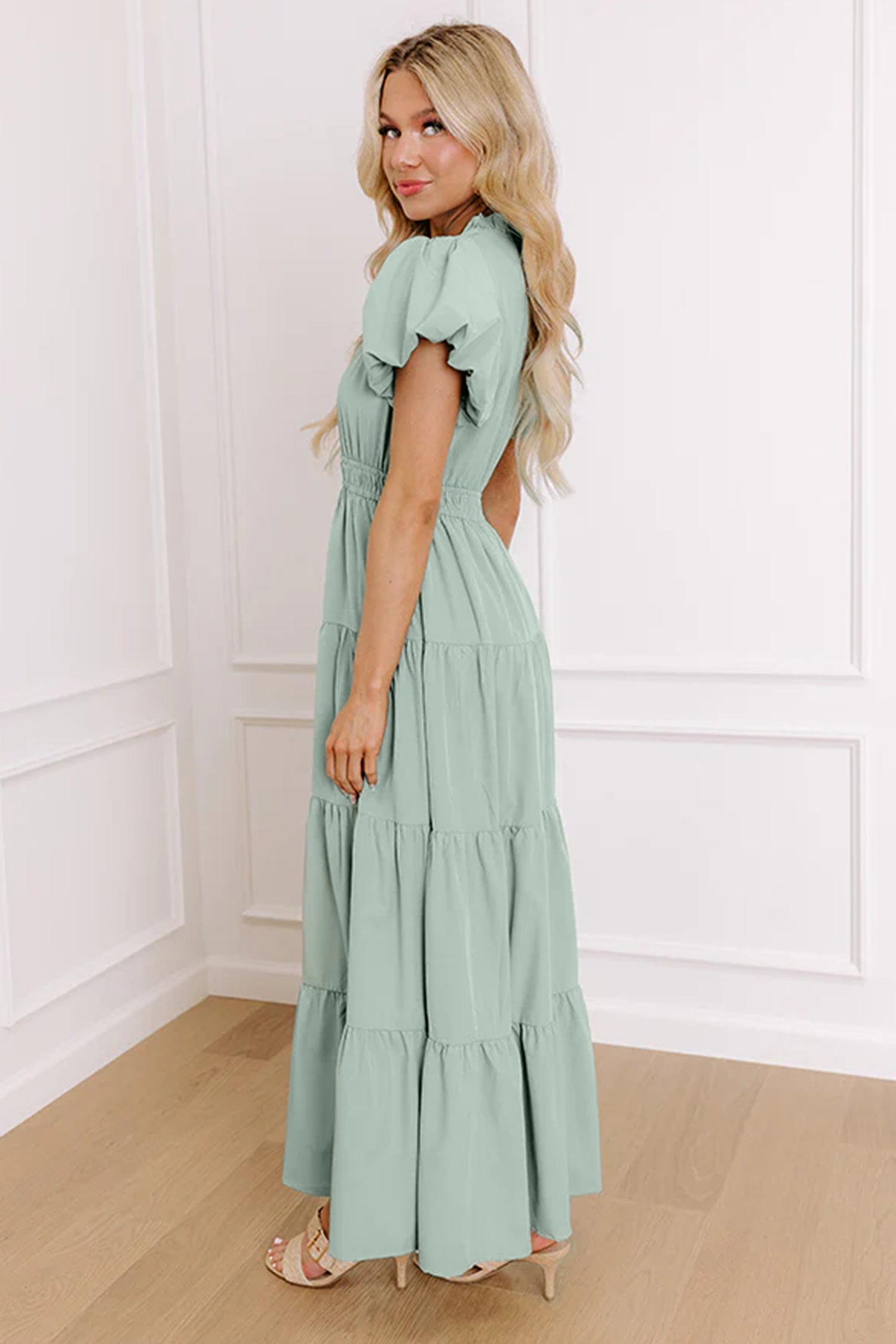 Clearly Aqua Solid Color V Neck Short Puff Sleeve High Waist Tiered Maxi Dress