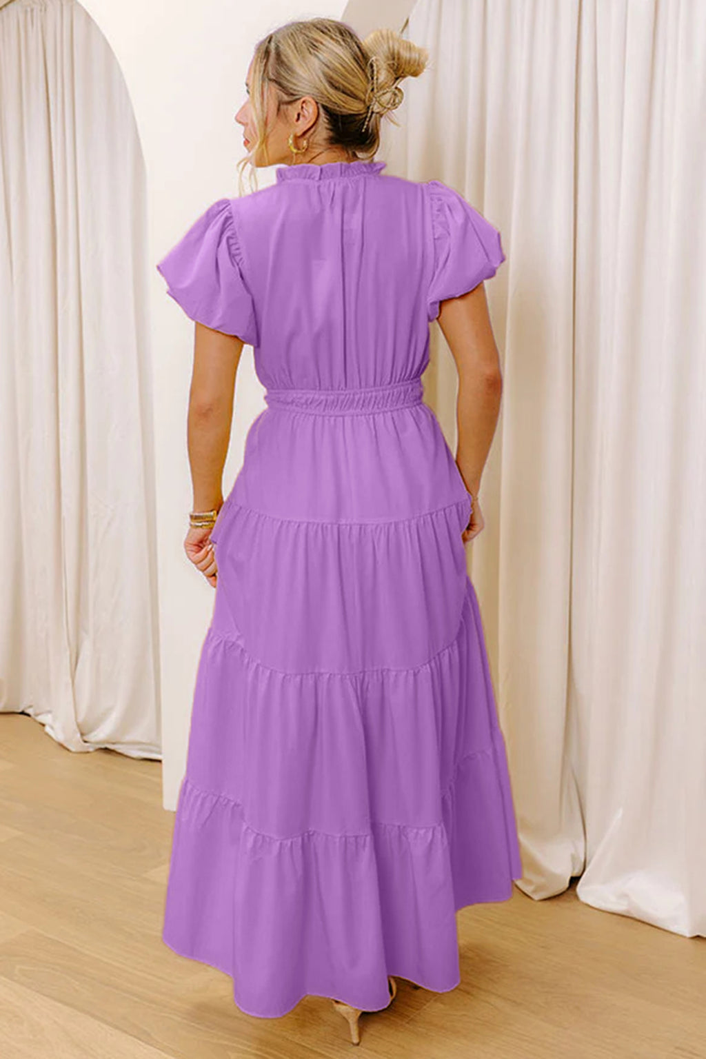 Clearly Aqua Solid Color V Neck Short Puff Sleeve High Waist Tiered Maxi Dress