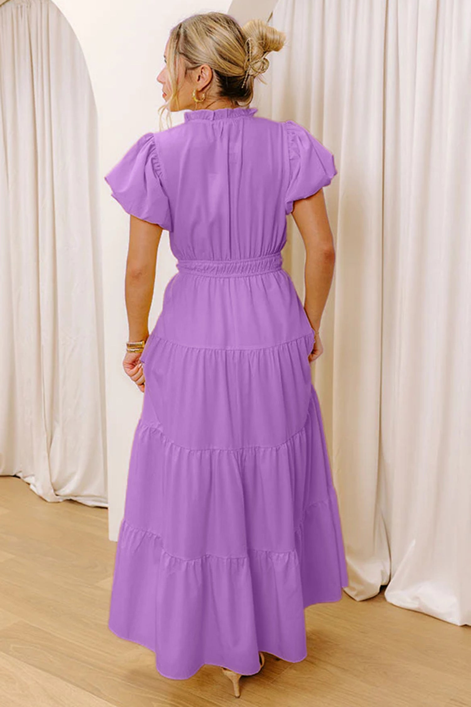 Clearly Aqua Solid Color V Neck Short Puff Sleeve High Waist Tiered Maxi Dress
