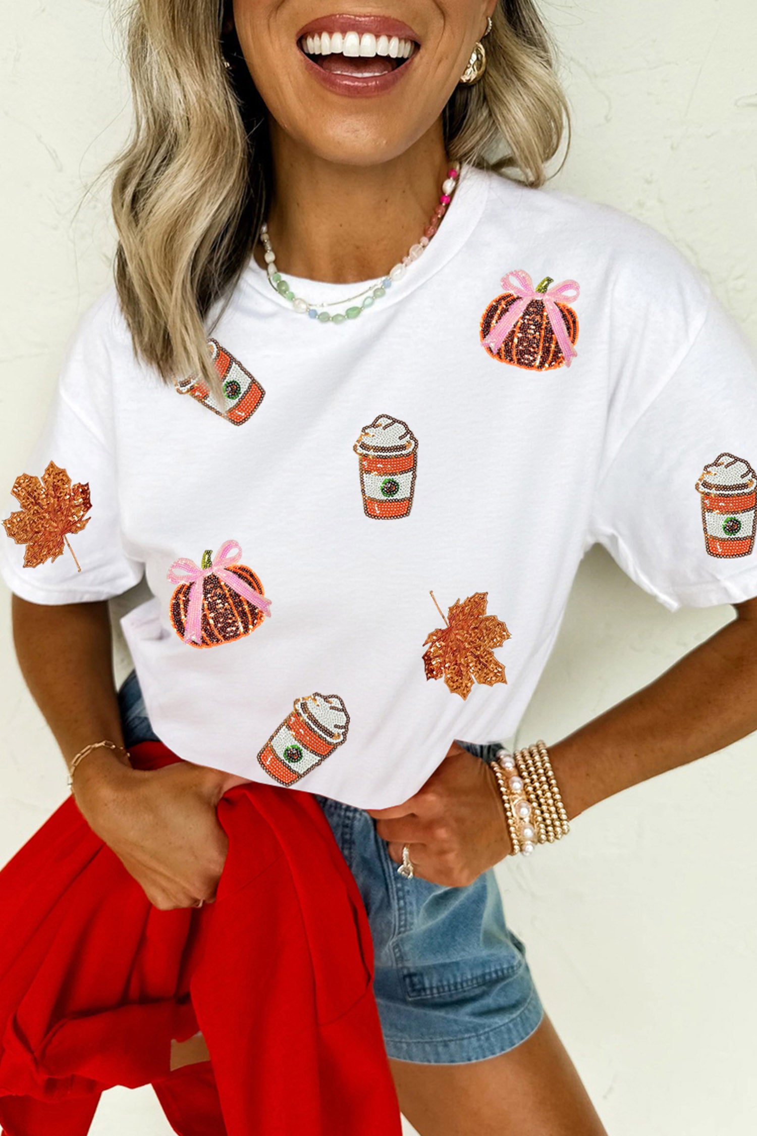 White Sequined Pumpkin Fall Graphic Casual Shift T Shirt