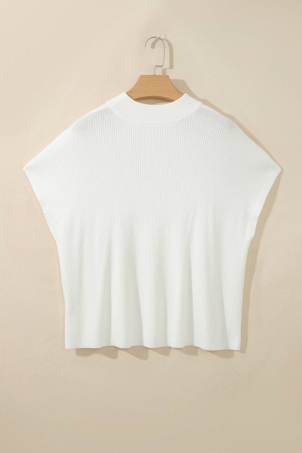 Bright Pink Solid Color Ribbed Knit Mock Neck Loose Short Sleeve Sweater