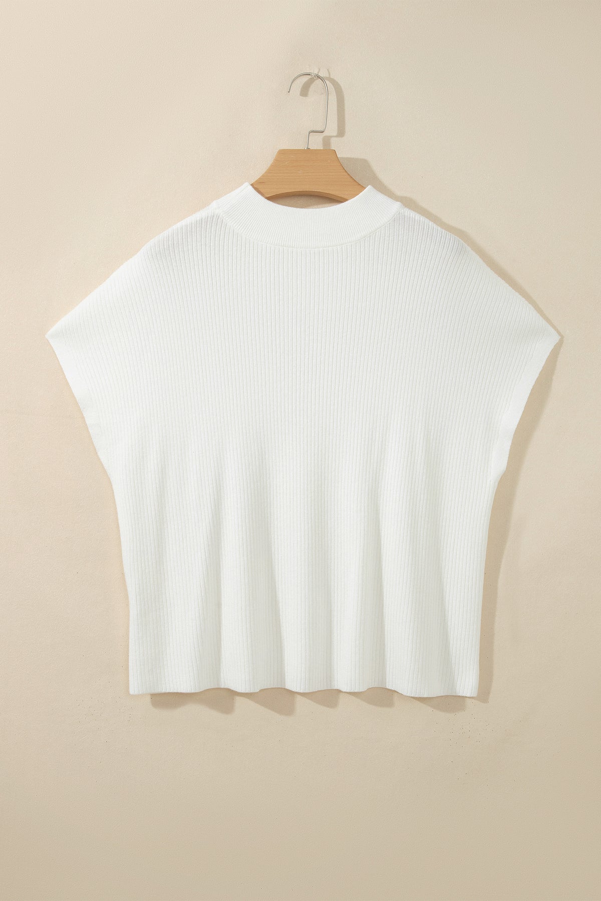 Bright Pink Solid Color Ribbed Knit Mock Neck Loose Short Sleeve Sweater