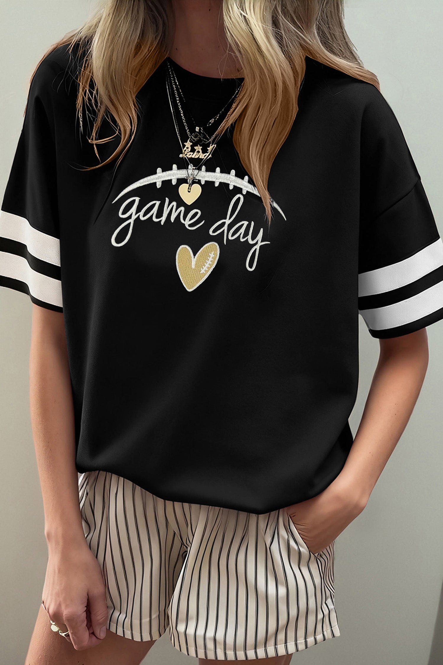 Black Game Day Embroidered Heart Pattern Varsity Casual T Shirt