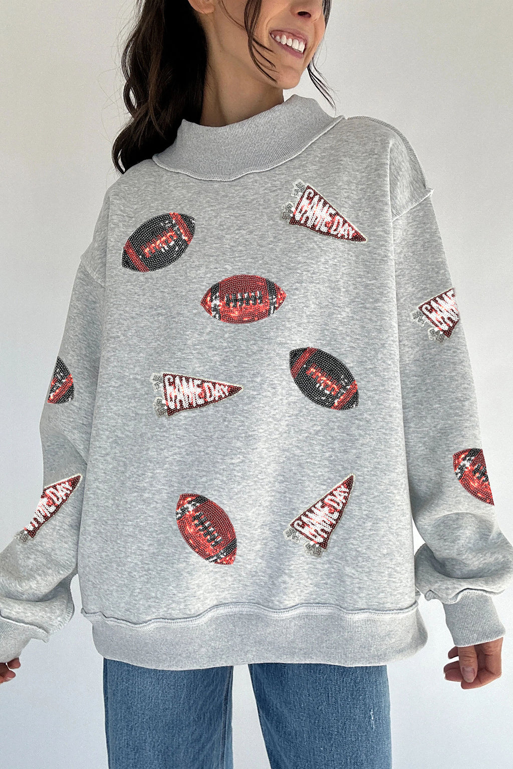Light Grey Sequin Rugby Game Day High Neck Baggy Sweatshirt