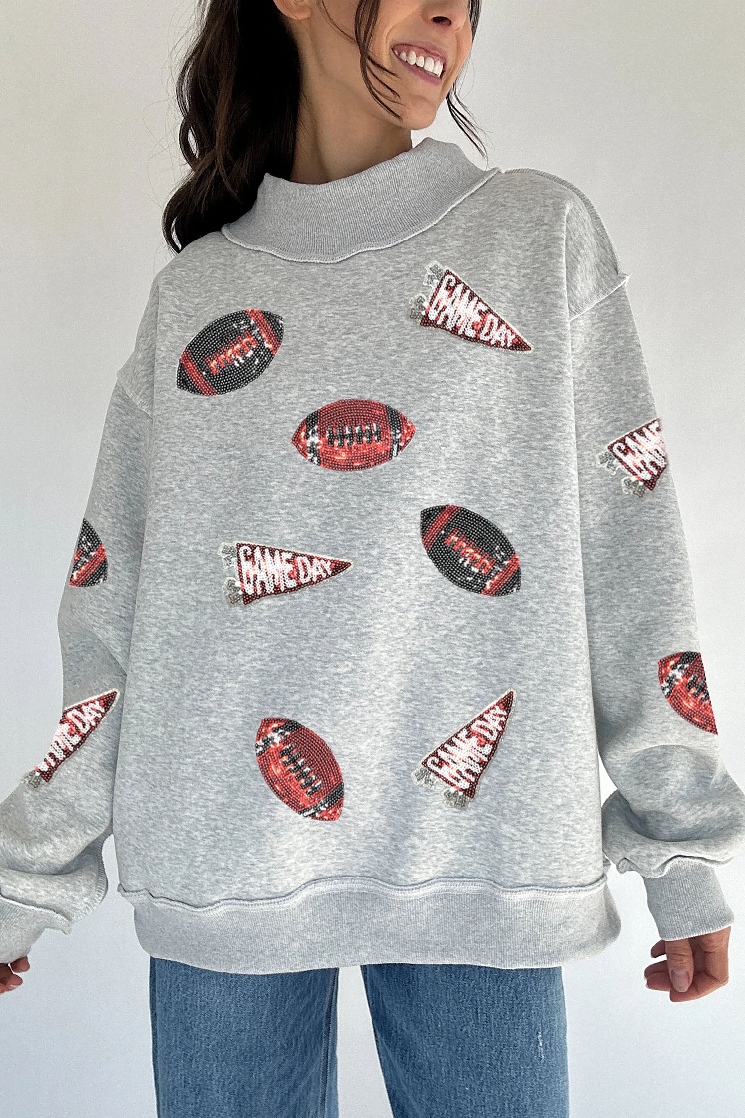 Light Grey Sequin Rugby Game Day High Neck Baggy Sweatshirt