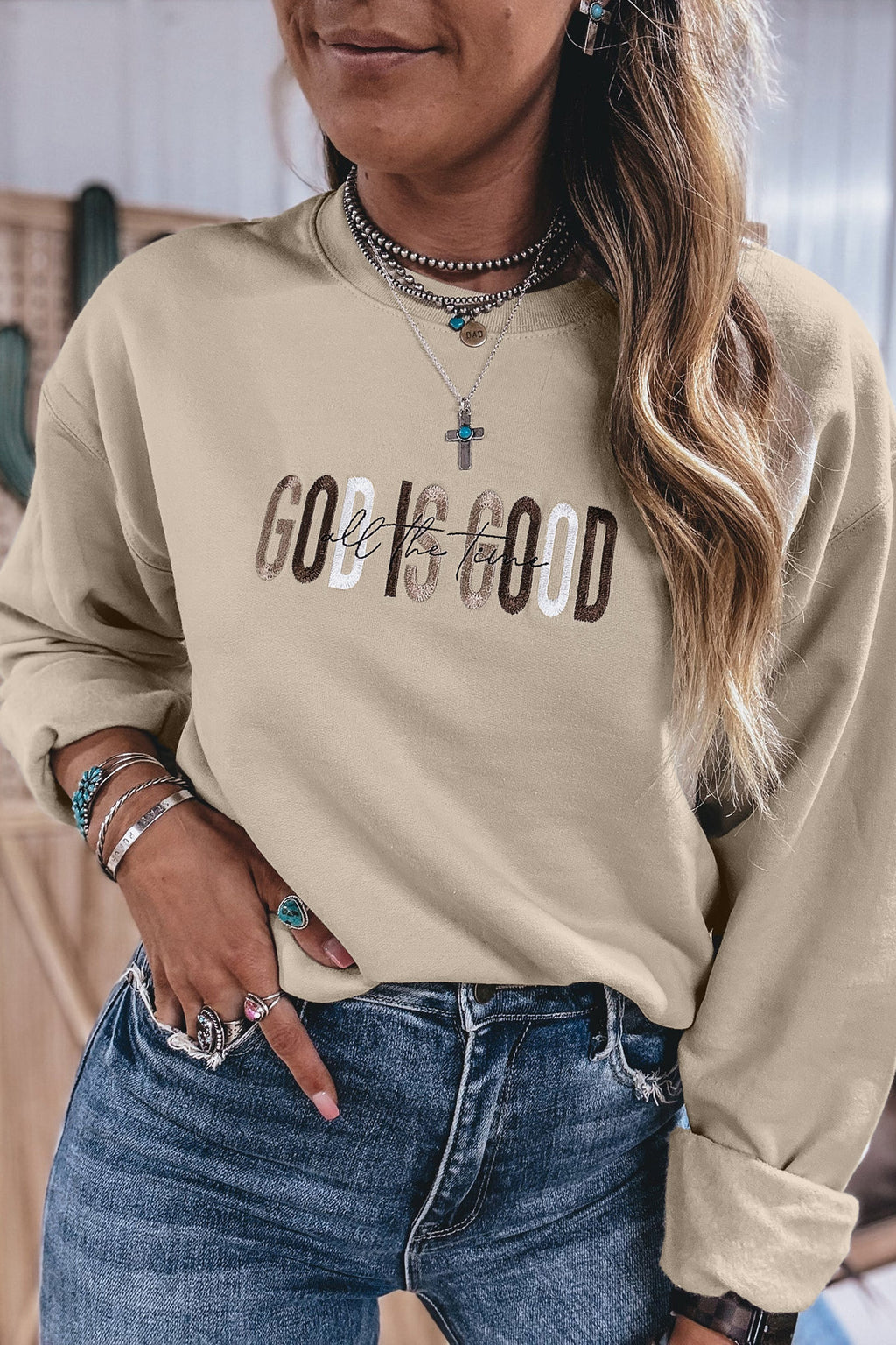 Jet Stream GOD IS GOOD Western Embroidered Letter Crewneck Pullover Sweatshirt