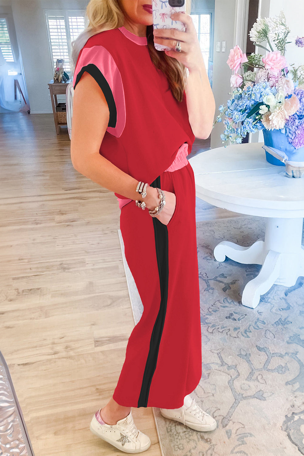 Black Color Block Detail Casual Two-piece Outfit