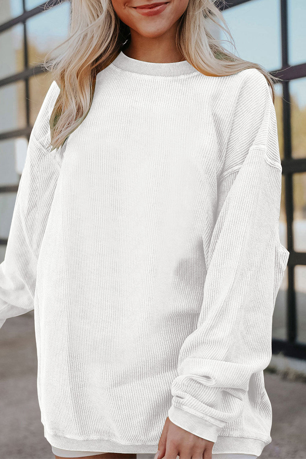 Smoke Gray Ribbed Corduroy Oversized Sweatshirt