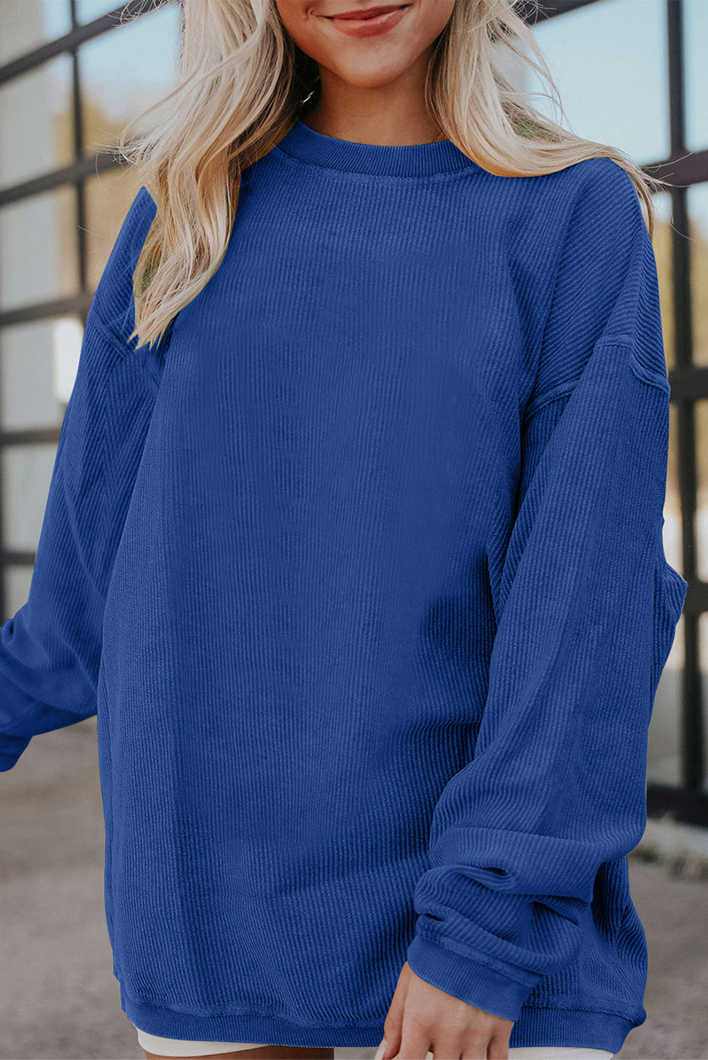 Smoke Gray Ribbed Corduroy Oversized Sweatshirt