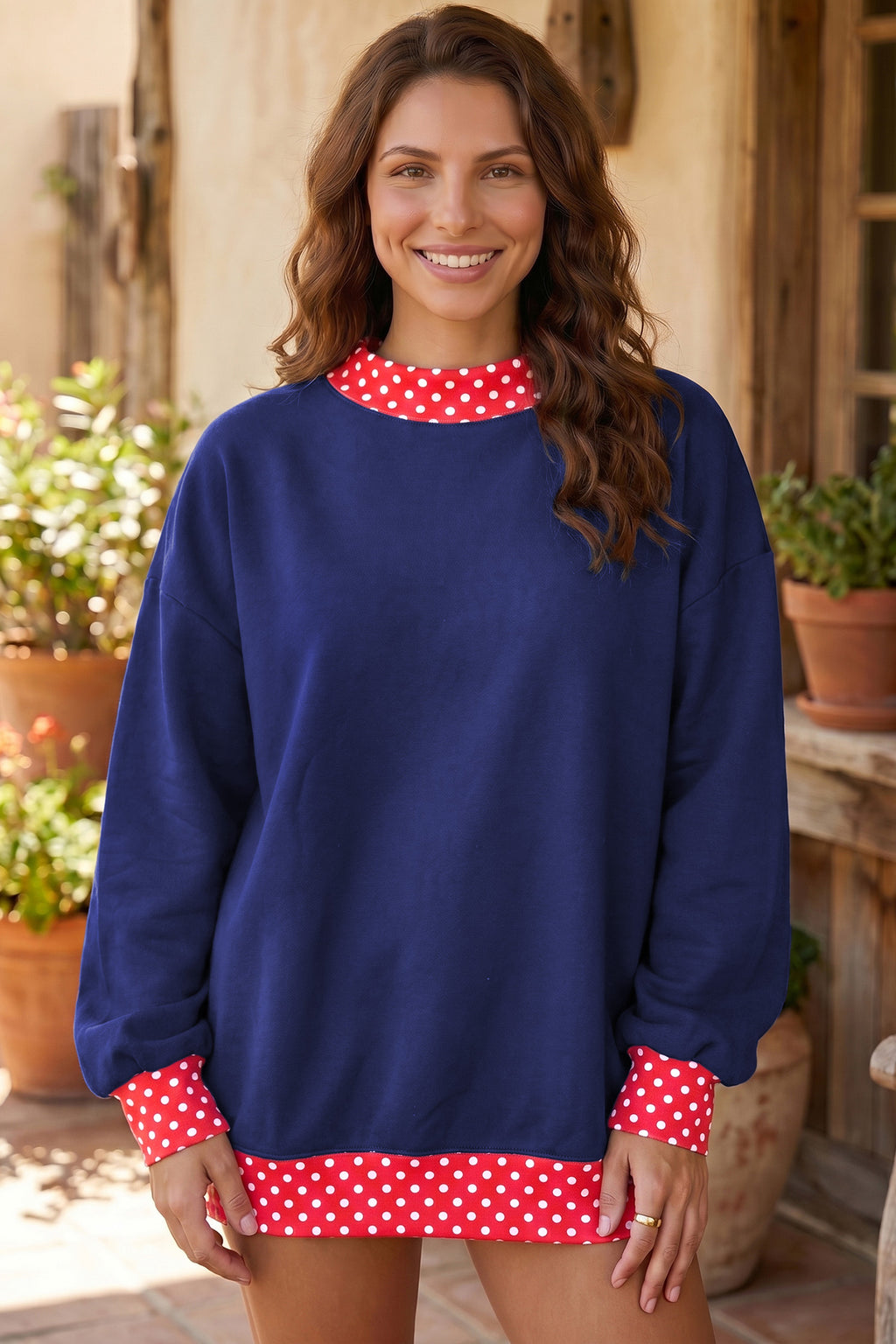 Pink Colorblock Polka Dot Contrast Trim Oversized Sweatshirt