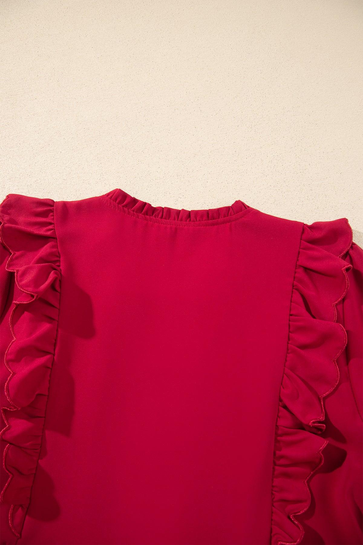 Racing Red Solid Color Ruffle Trim Long Sleeve Tiered Shift Midi Dress