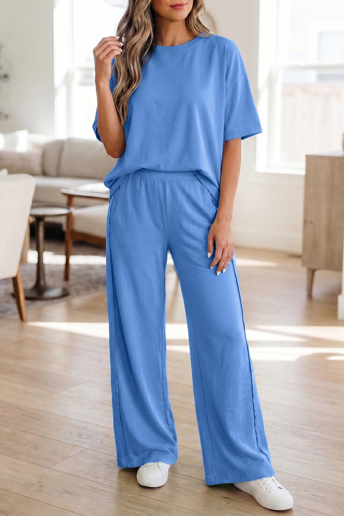 Green Solid Cover Oversize Tee Pocketed Casual Pants 2pcs Outfit