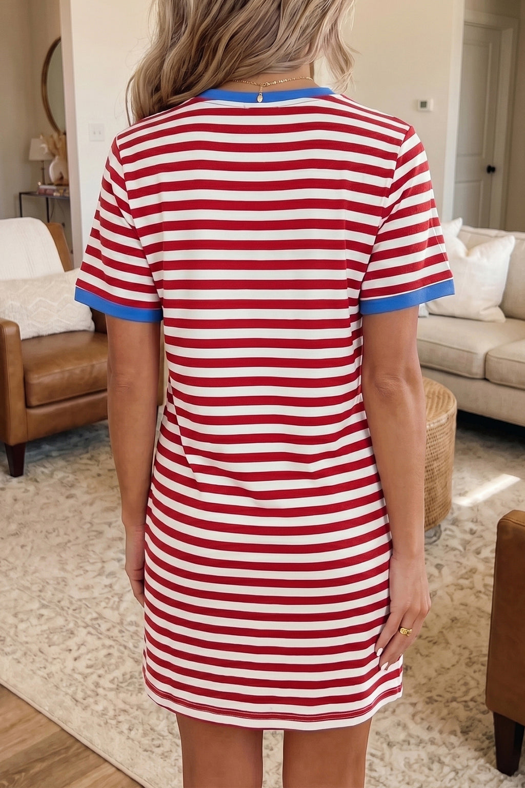 Sky Blue Stripe Nautical Tie Contrast Trim Round Neck T Shirt Mini Dress