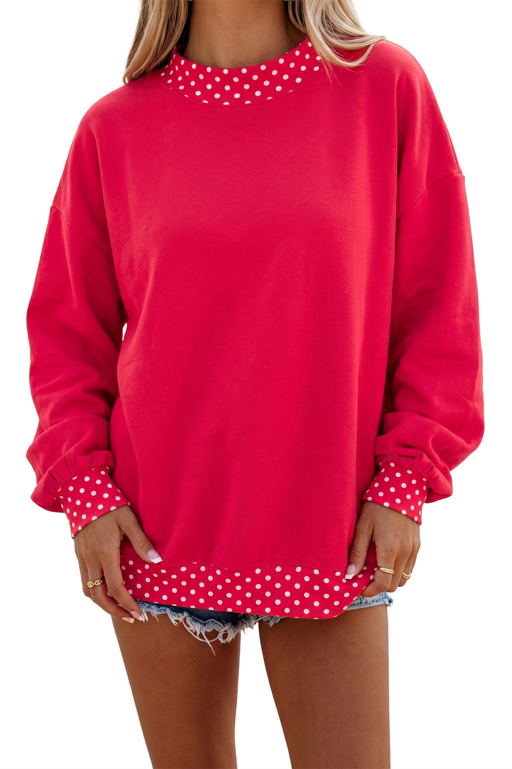 Pink Colorblock Polka Dot Contrast Trim Oversized Sweatshirt