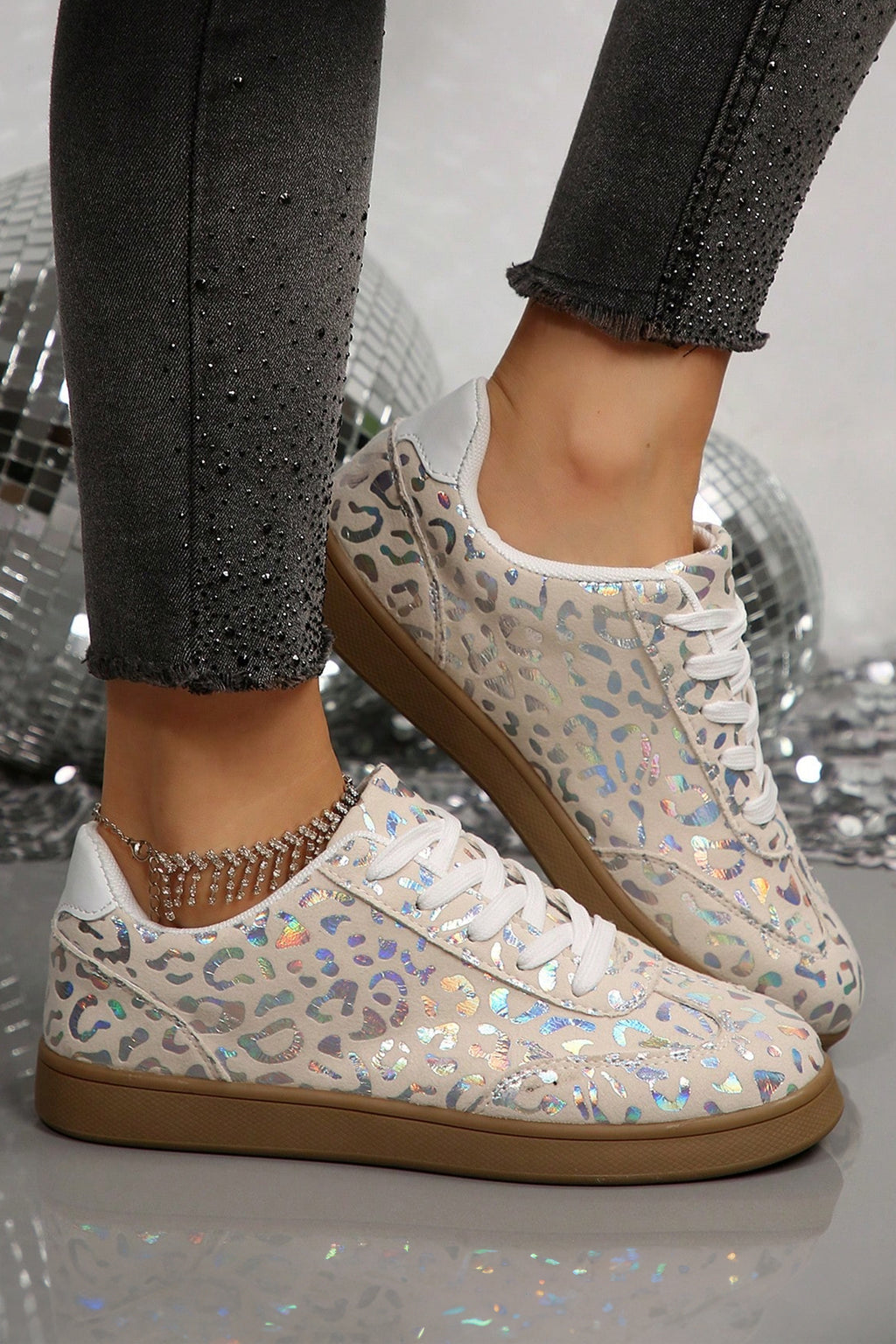 White Shiny Leopard Print Training Shoes